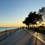 promenáda podél moře, stromy, obloha, západ slunce