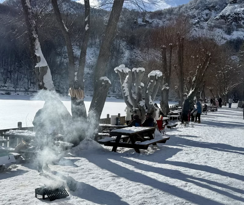 Sníh, gril, lavičky, stromy